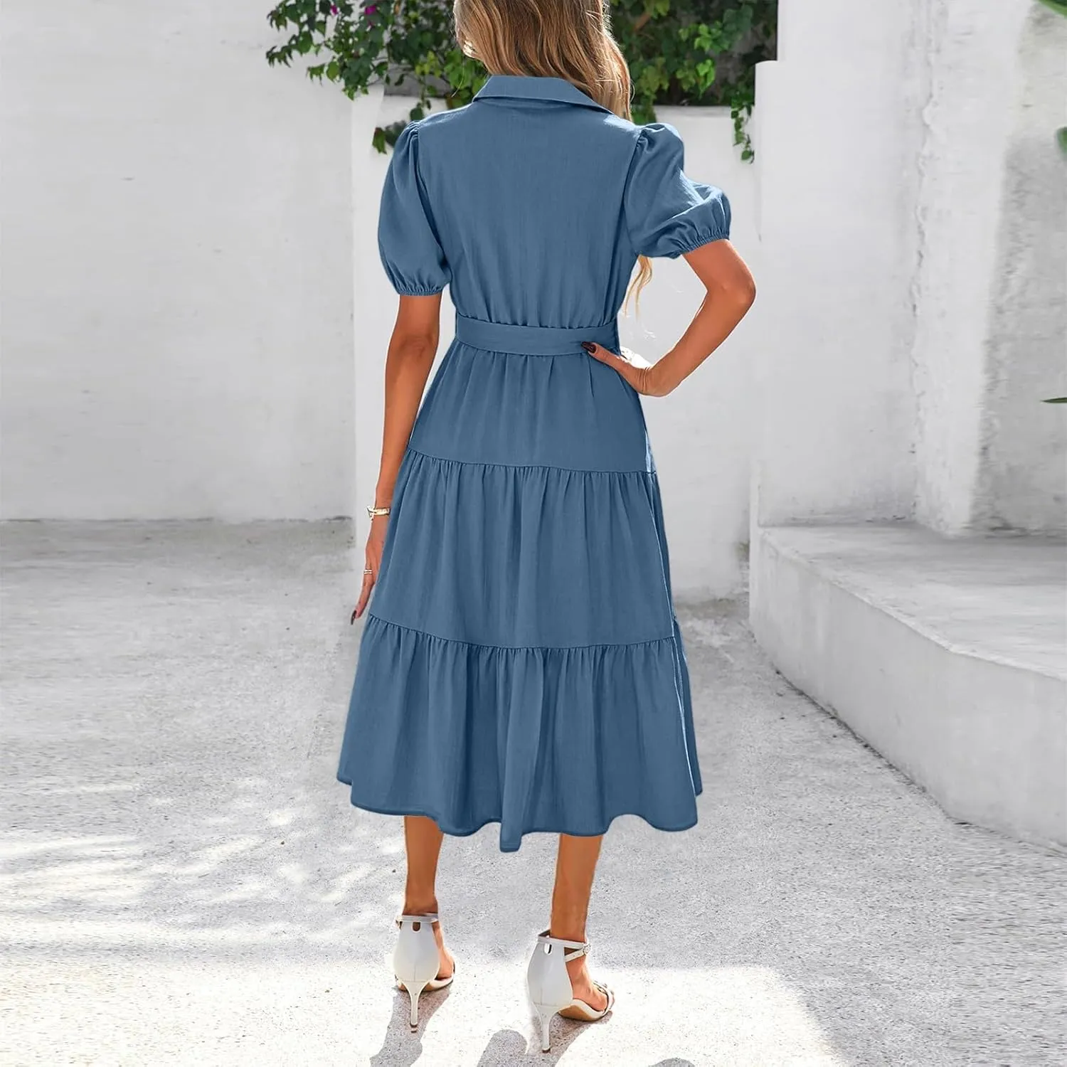 PETYCZEN Summer Dresses for Women 2025 Casual Tiered Dress Short Sleeve Button Down Belted Maxi Dress A Line Flowy Sundresses