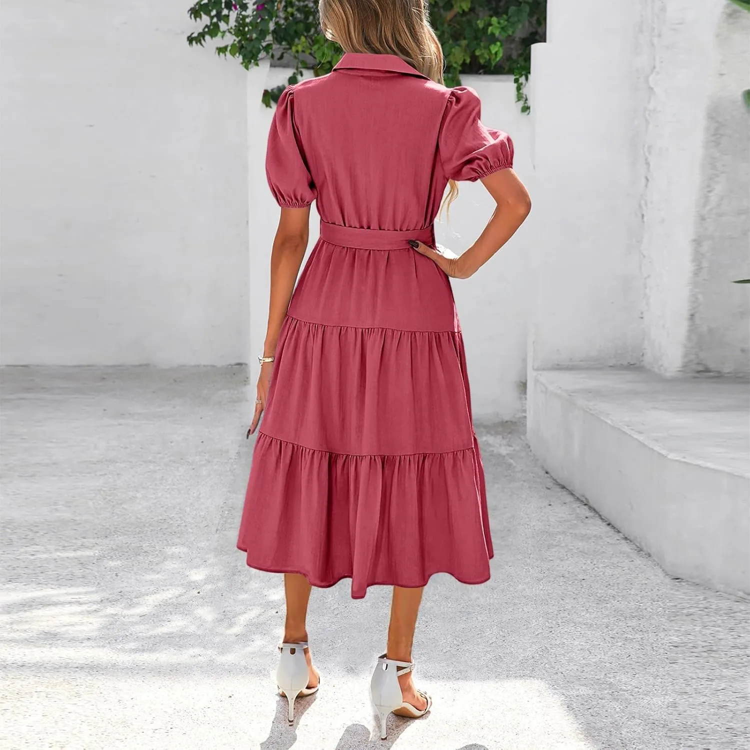 PETYCZEN Summer Dresses for Women 2025 Casual Tiered Dress Short Sleeve Button Down Belted Maxi Dress A Line Flowy Sundresses