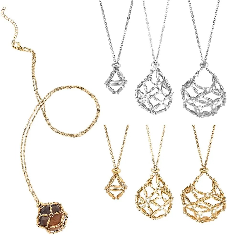 PH PandaHall 6pcs Crystal Holder Necklace, 3 Sizes 304 Stainless Steel Crystal Cage Necklace Adjustable Empty Stone Holder Gemstone Pendant Necklace for DIY Jewelry, Golden and Stainless Steel Color