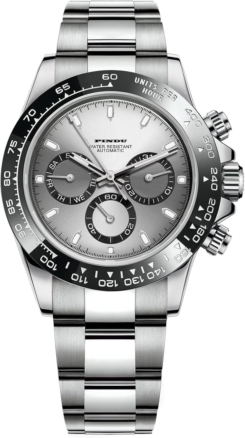 PINDU Automatic Watches for Men, Multifunctional Automatic Mechanical Watch Men's Watch Day Date Scale Bezel Markings Stainless Steel Strap(Black Case Gray Dial)