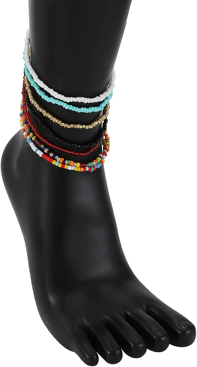 Pingyongchang Boho Handmade Beads African Anklets Set Layered Beach Colorful Stretch Beaded Elastic Foot Hand Chain Anklets Bracelets for Women Jewelry