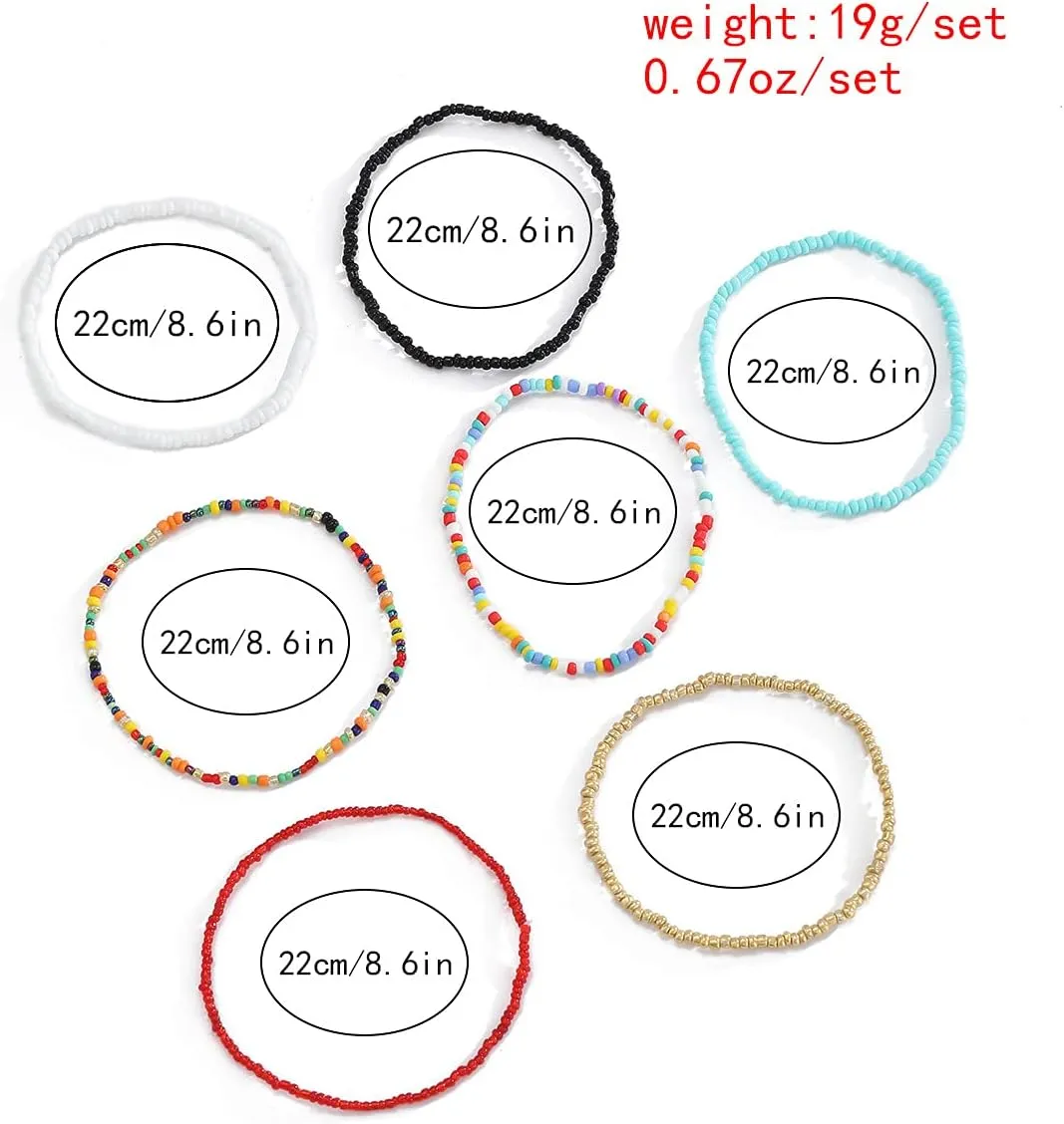 Pingyongchang Boho Handmade Beads African Anklets Set Layered Beach Colorful Stretch Beaded Elastic Foot Hand Chain Anklets Bracelets for Women Jewelry
