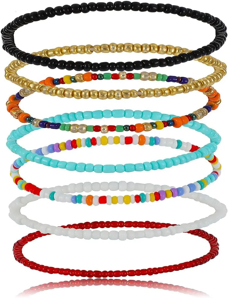 Pingyongchang Boho Handmade Beads African Anklets Set Layered Beach Colorful Stretch Beaded Elastic Foot Hand Chain Anklets Bracelets for Women Jewelry