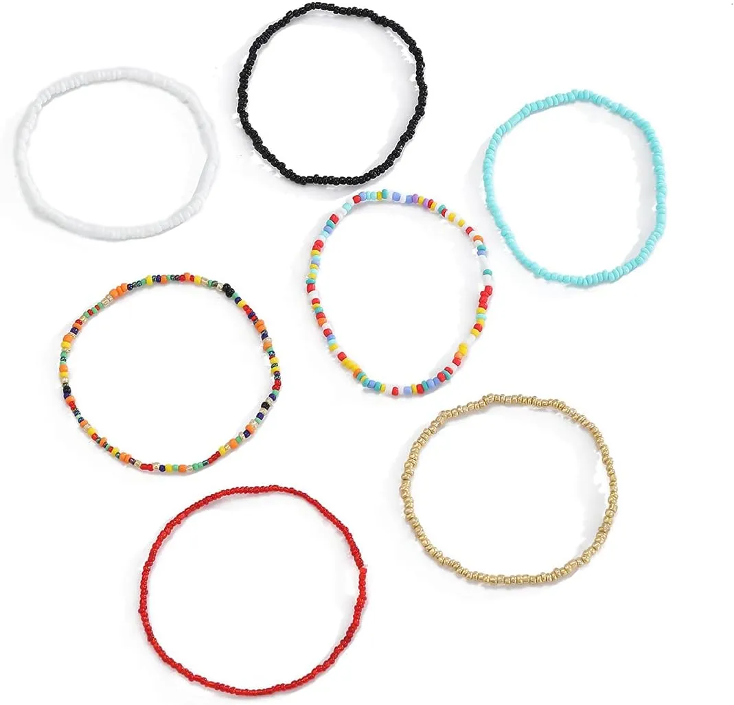 Pingyongchang Boho Handmade Beads African Anklets Set Layered Beach Colorful Stretch Beaded Elastic Foot Hand Chain Anklets Bracelets for Women Jewelry