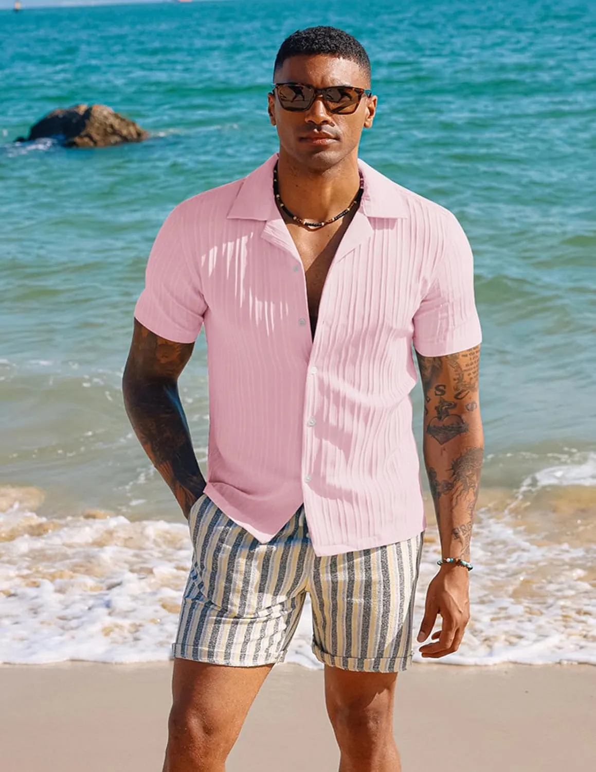 PJ PAUL JONES Men's Casual Button Down Shirts - Short Sleeve Summer Textured Beach Wrinkle-Free Shirts