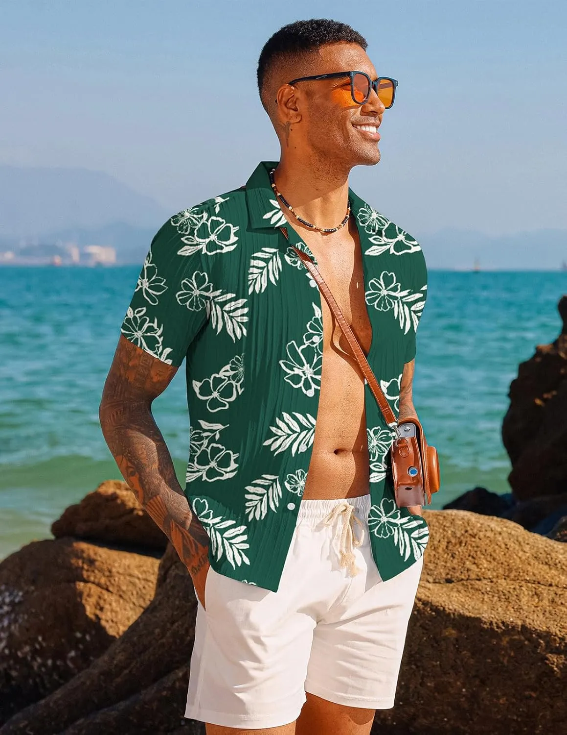 PJ PAUL JONES Men's Casual Button Down Shirts - Short Sleeve Summer Textured Beach Wrinkle-Free Shirts