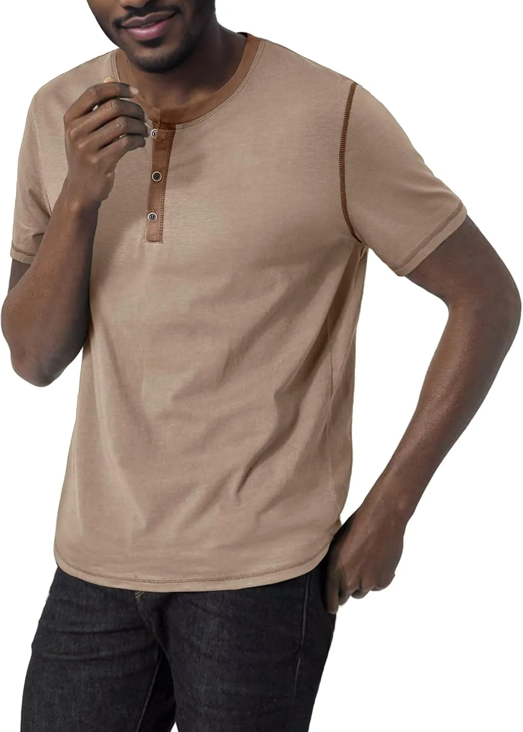 PLEPAN Mens Henley Shirts Crewneck Short Sleeve Casual Cotton T-Shirts with Contrast Color Collar