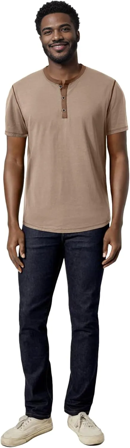 PLEPAN Mens Henley Shirts Crewneck Short Sleeve Casual Cotton T-Shirts with Contrast Color Collar