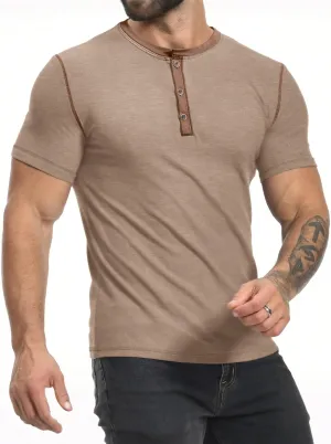 PLEPAN Mens Henley Shirts Crewneck Short Sleeve Casual Cotton T-Shirts with Contrast Color Collar