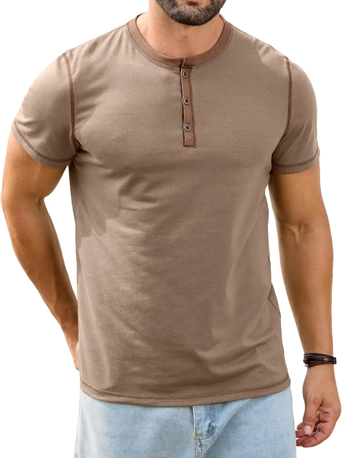 PLEPAN Mens Henley Shirts Crewneck Short Sleeve Casual Cotton T-Shirts with Contrast Color Collar