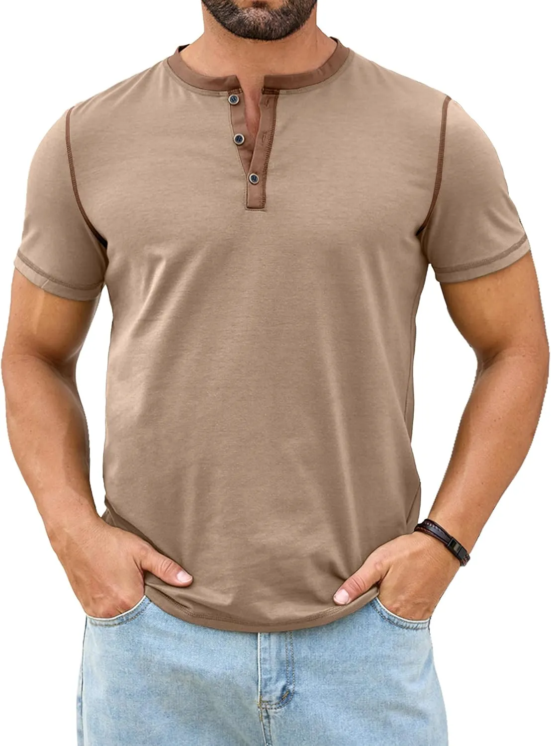 PLEPAN Mens Henley Shirts Crewneck Short Sleeve Casual Cotton T-Shirts with Contrast Color Collar