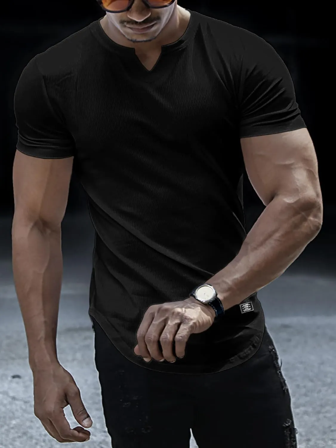 PLEPAN Mens Muscle T Shirts V Neck Short Sleeve Henley Shirt Hipster Longline Gym Workout Athletic Tee Shirts