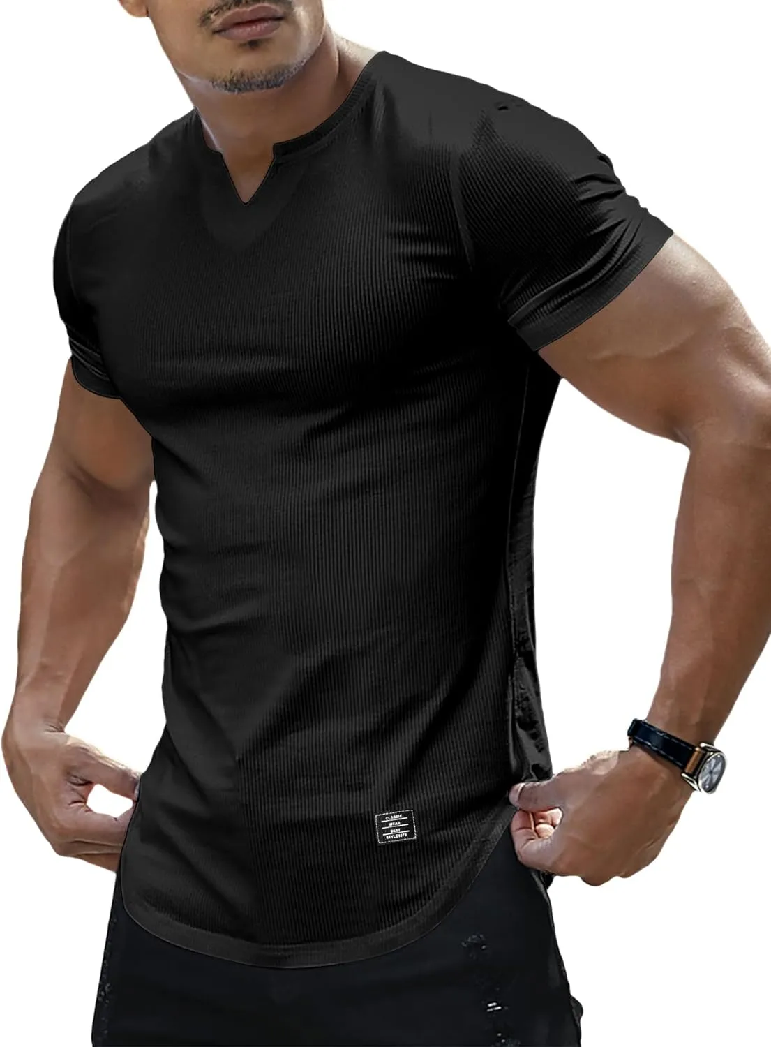 PLEPAN Mens Muscle T Shirts V Neck Short Sleeve Henley Shirt Hipster Longline Gym Workout Athletic Tee Shirts