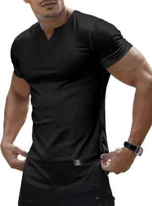 PLEPAN Mens Muscle T Shirts V Neck Short Sleeve Henley Shirt Hipster Longline Gym Workout Athletic Tee Shirts