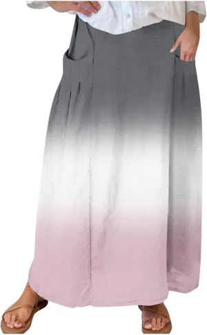 Plus Size Maxi Skirts for Women Printed Summer Skirts Elastic Waist Casual Skirts with Pockets Flowy Vacation Skirts