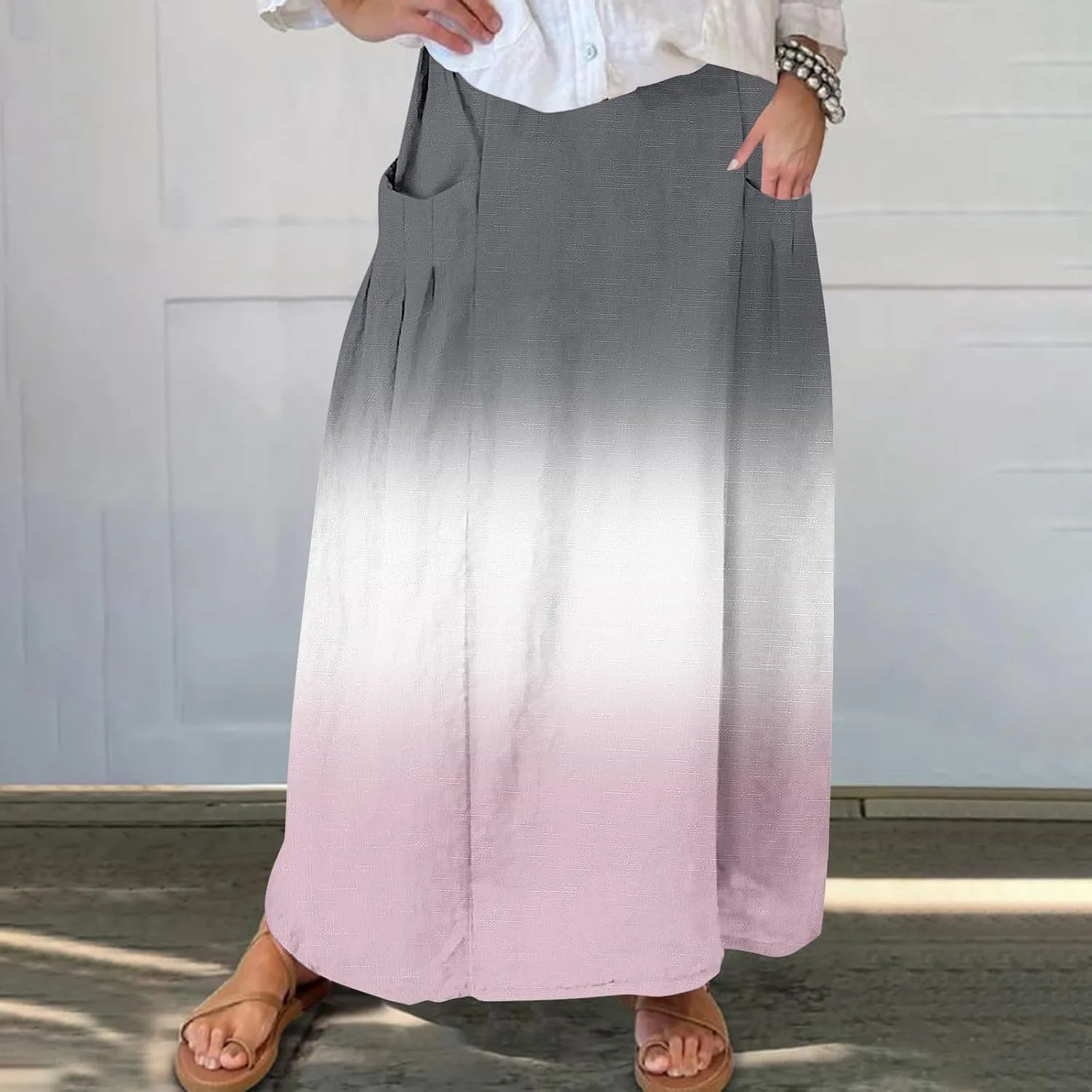 Plus Size Maxi Skirts for Women Printed Summer Skirts Elastic Waist Casual Skirts with Pockets Flowy Vacation Skirts
