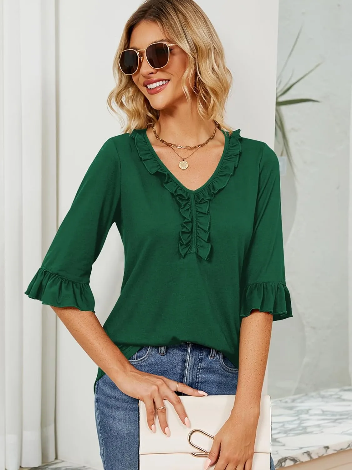 Poetsky Women's 3/4 Sleeve Tops Casual V Neck Shirts Loose Ruffle Tunic Blouses