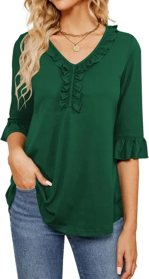 Poetsky Women's 3/4 Sleeve Tops Casual V Neck Shirts Loose Ruffle Tunic Blouses