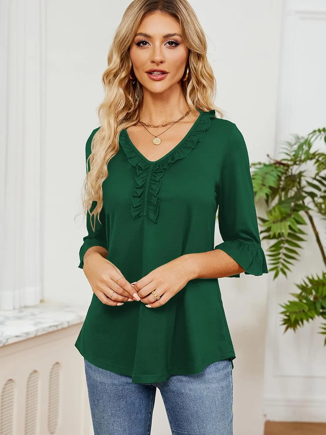 Poetsky Women's 3/4 Sleeve Tops Casual V Neck Shirts Loose Ruffle Tunic Blouses