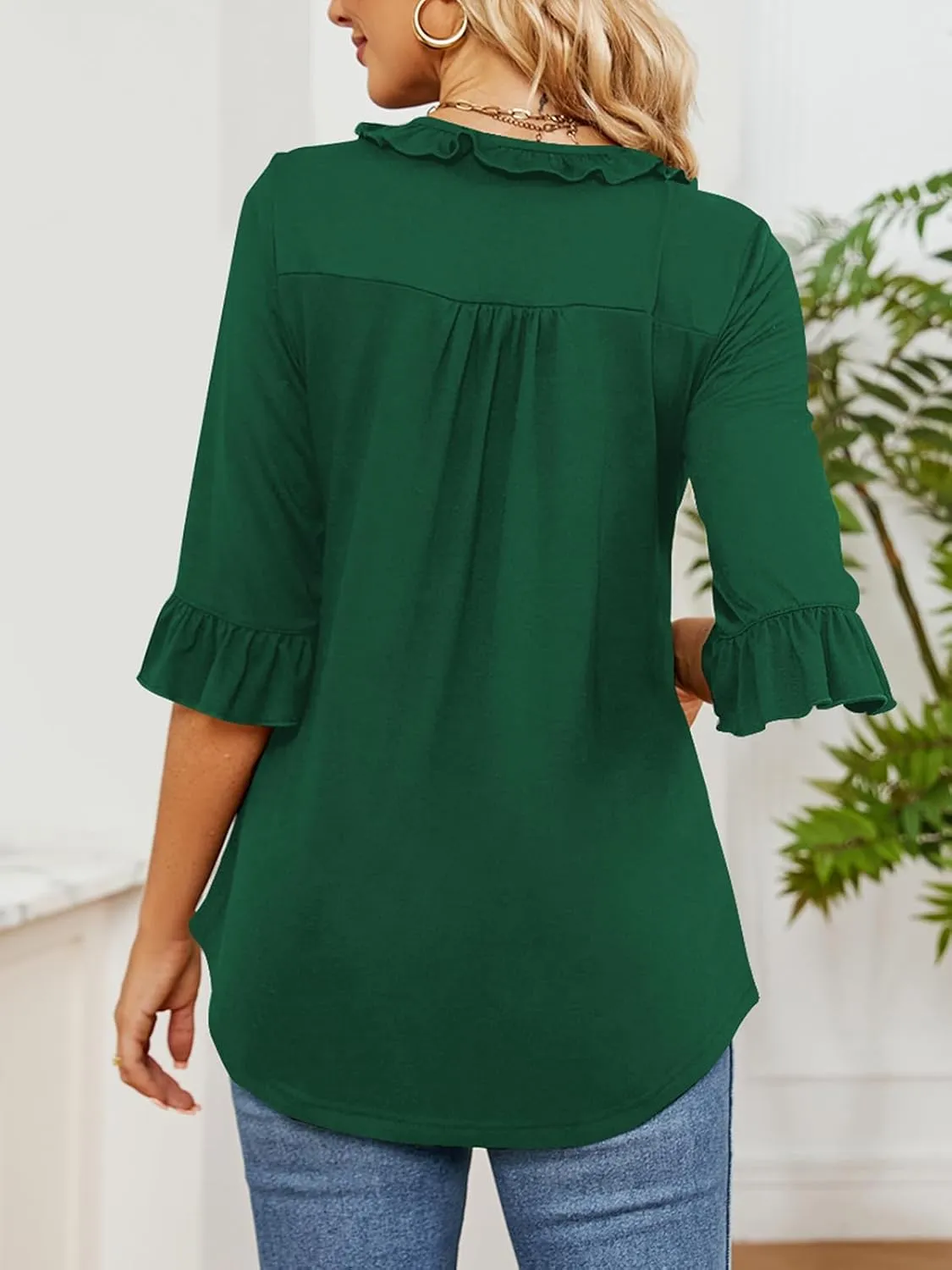 Poetsky Women's 3/4 Sleeve Tops Casual V Neck Shirts Loose Ruffle Tunic Blouses