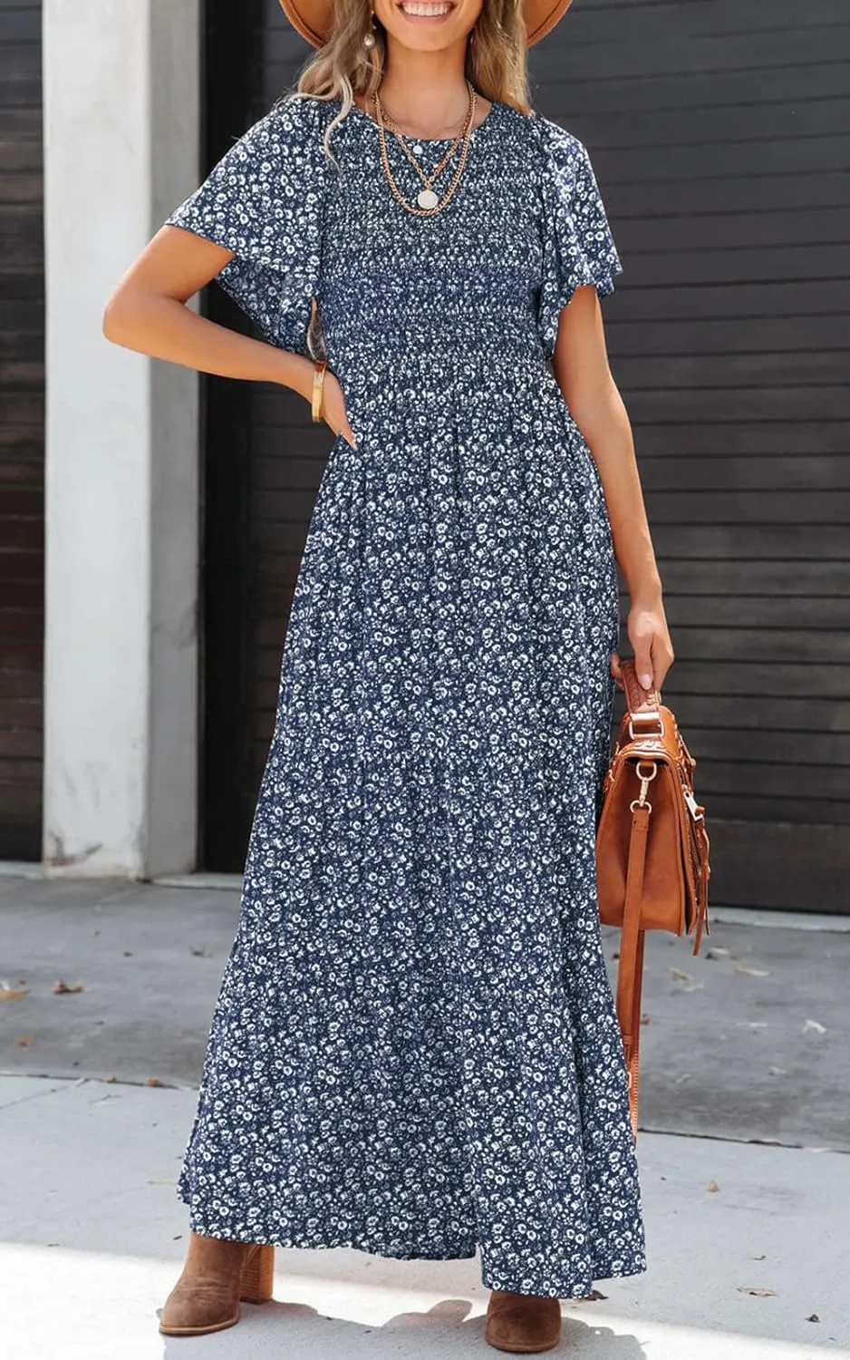 PRETTYGARDEN Women's 2025 Summer Casual Flutter Short Sleeve Boho Floral Maxi Dress Crew Neck Smocked Tiered Long Dresses