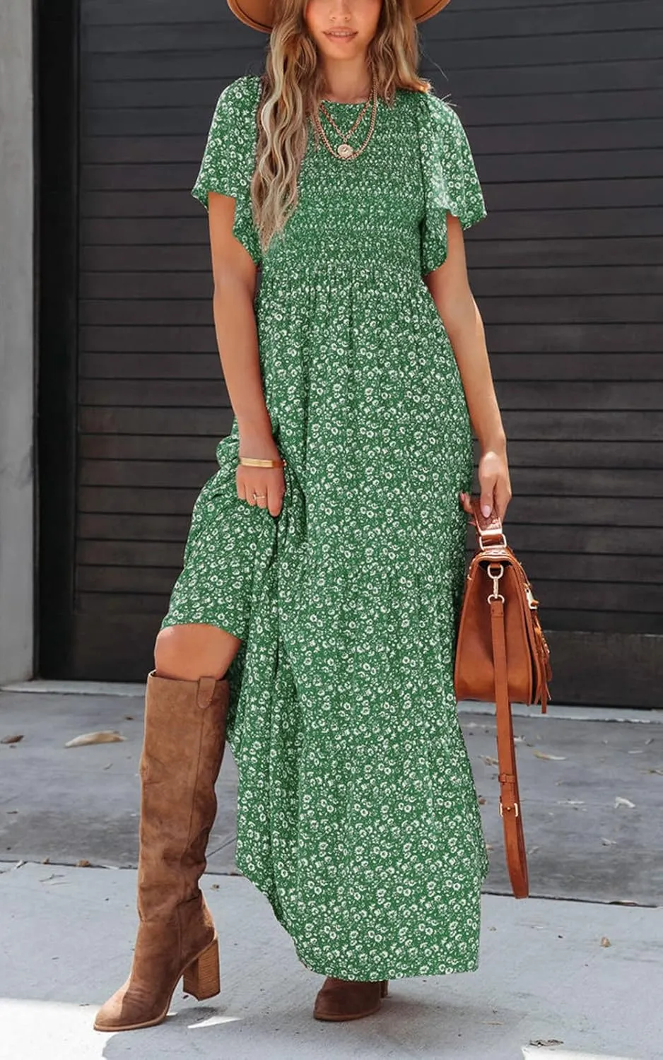 PRETTYGARDEN Women's 2025 Summer Casual Flutter Short Sleeve Boho Floral Maxi Dress Crew Neck Smocked Tiered Long Dresses