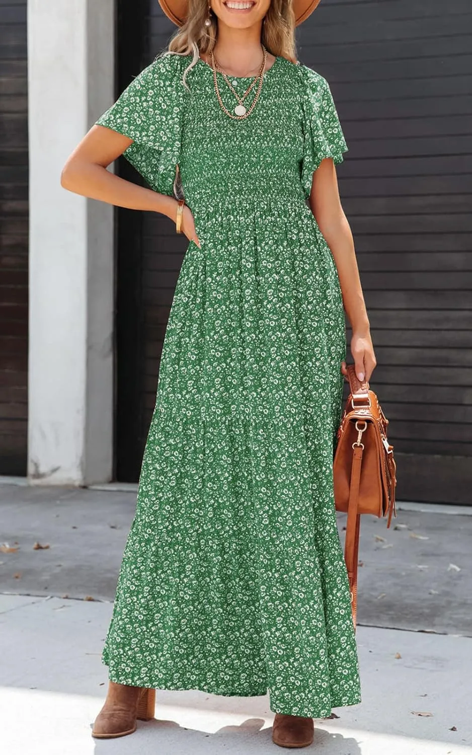 PRETTYGARDEN Women's 2025 Summer Casual Flutter Short Sleeve Boho Floral Maxi Dress Crew Neck Smocked Tiered Long Dresses