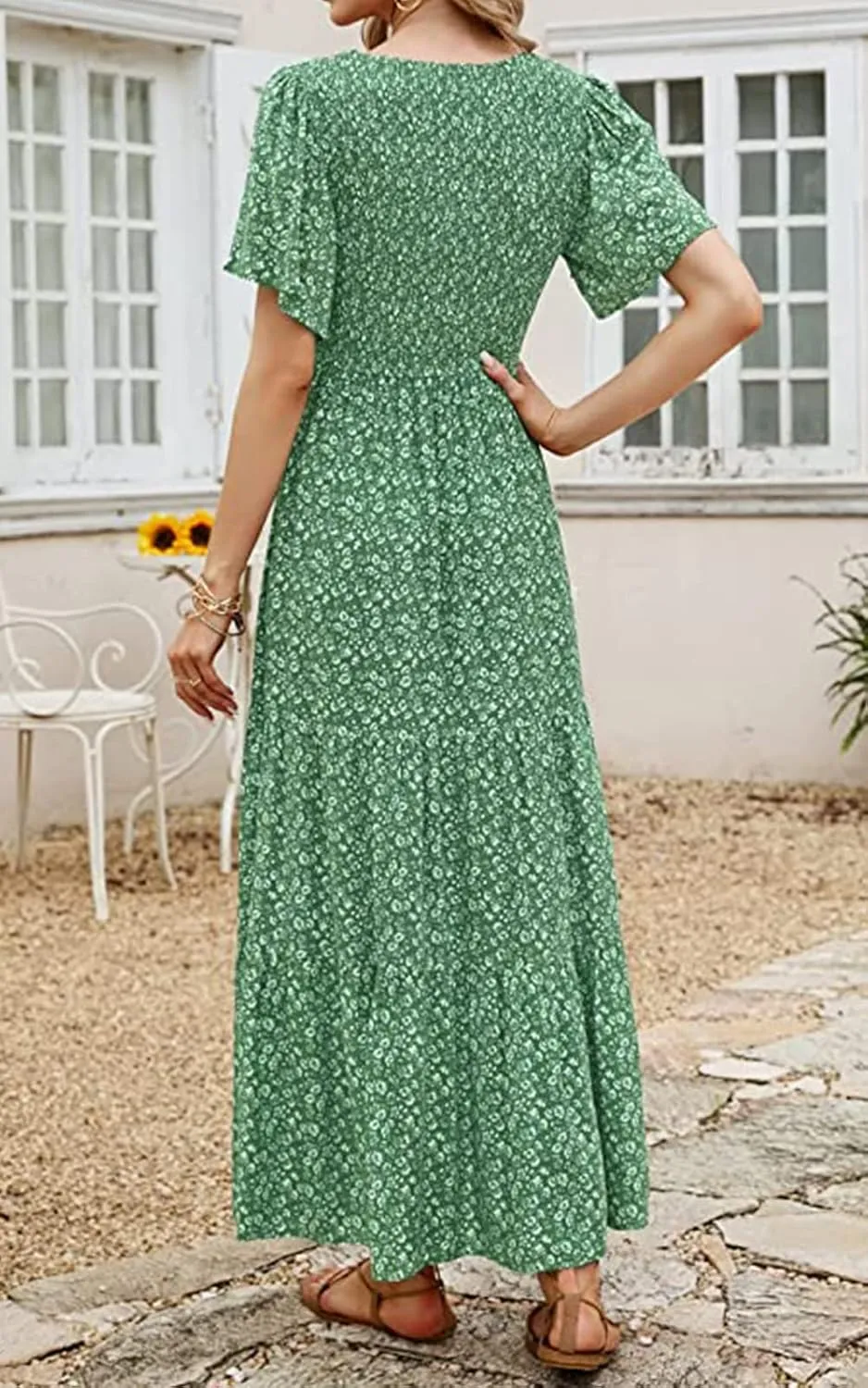 PRETTYGARDEN Women's 2025 Summer Casual Flutter Short Sleeve Boho Floral Maxi Dress Crew Neck Smocked Tiered Long Dresses