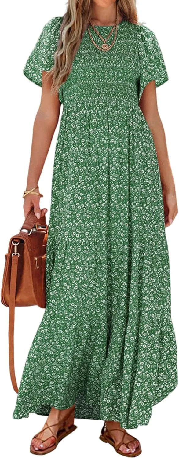 PRETTYGARDEN Women's 2025 Summer Casual Flutter Short Sleeve Boho Floral Maxi Dress Crew Neck Smocked Tiered Long Dresses