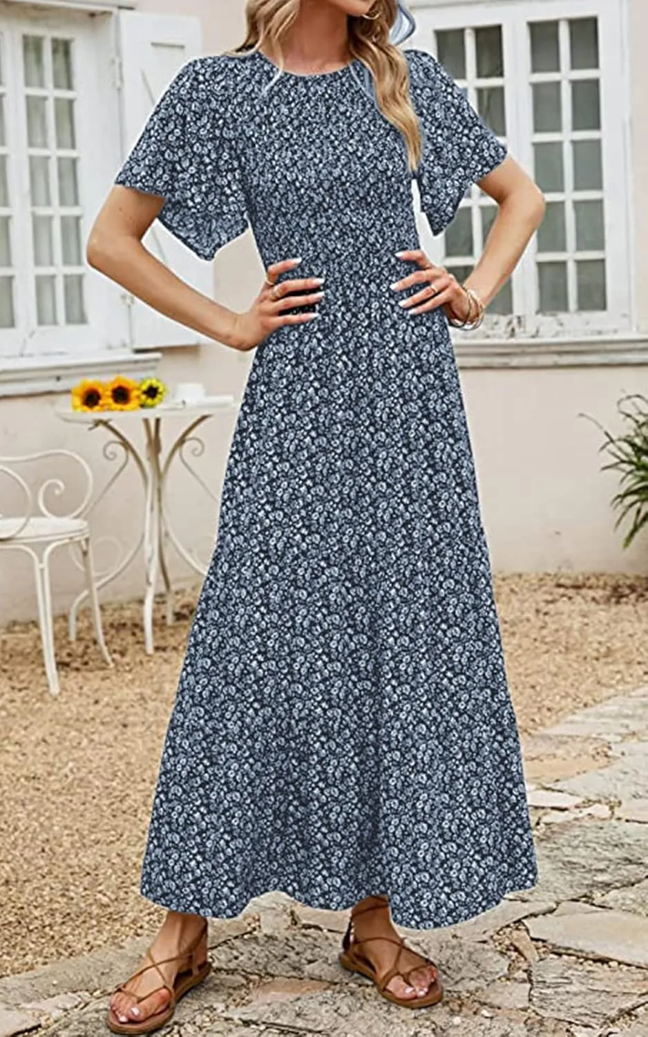 PRETTYGARDEN Women's 2025 Summer Casual Flutter Short Sleeve Boho Floral Maxi Dress Crew Neck Smocked Tiered Long Dresses