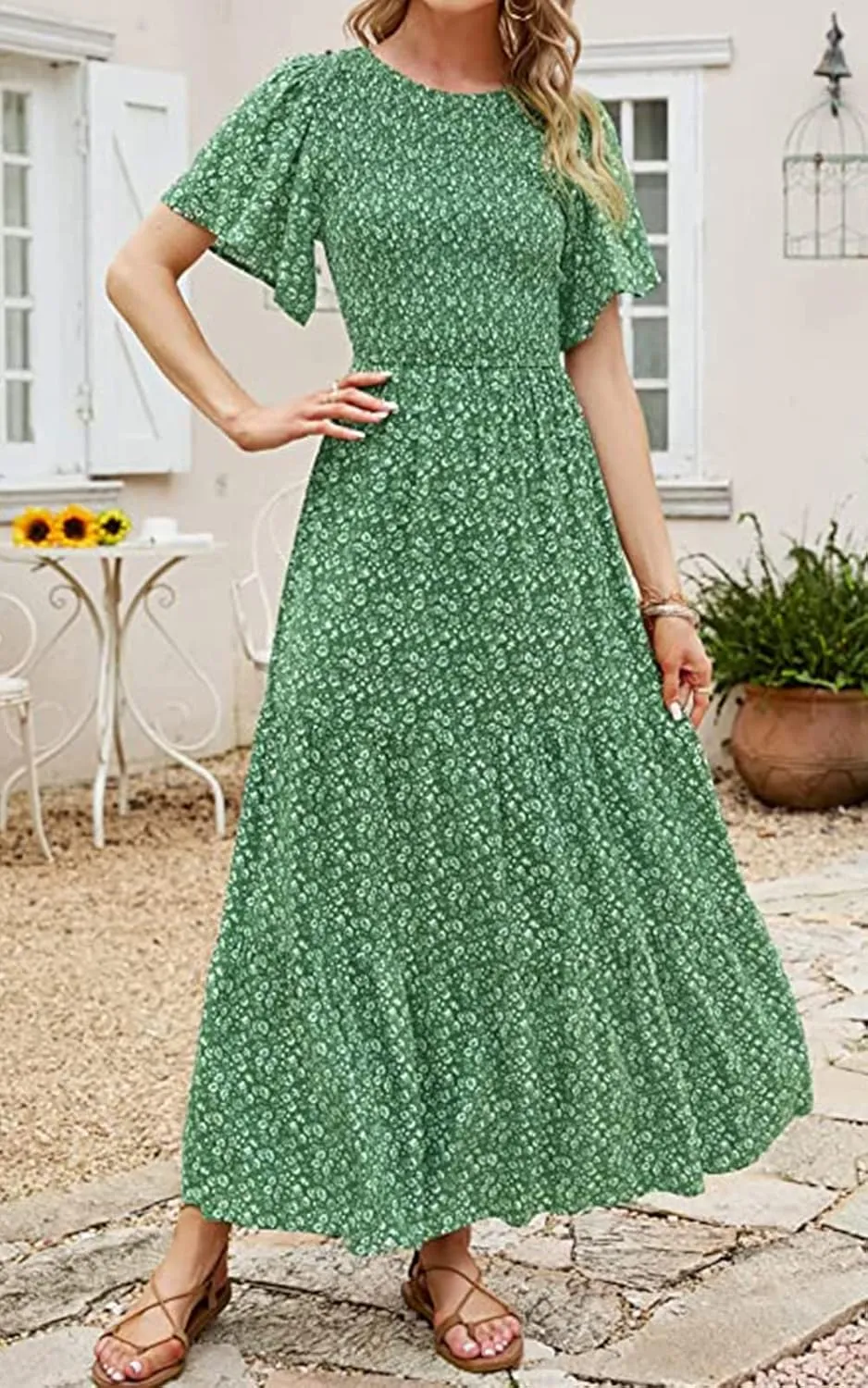 PRETTYGARDEN Women's 2025 Summer Casual Flutter Short Sleeve Boho Floral Maxi Dress Crew Neck Smocked Tiered Long Dresses