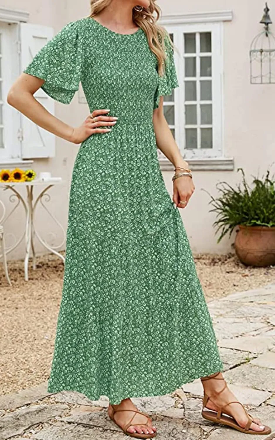 PRETTYGARDEN Women's 2025 Summer Casual Flutter Short Sleeve Boho Floral Maxi Dress Crew Neck Smocked Tiered Long Dresses