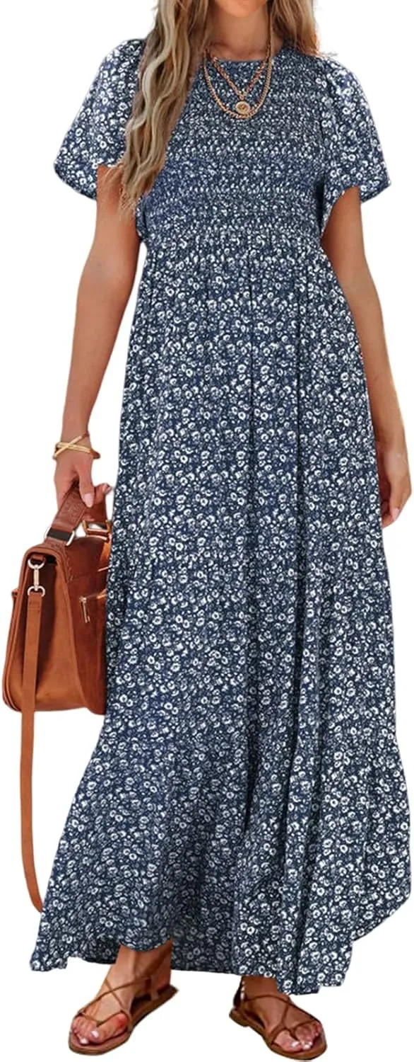 PRETTYGARDEN Women's 2025 Summer Casual Flutter Short Sleeve Boho Floral Maxi Dress Crew Neck Smocked Tiered Long Dresses