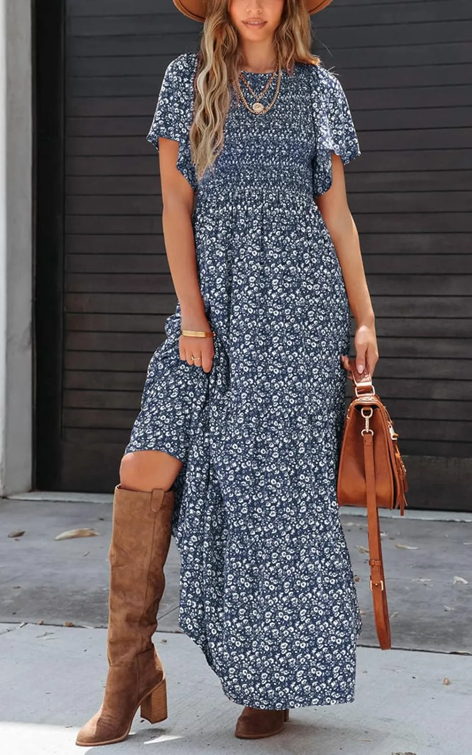 PRETTYGARDEN Women's 2025 Summer Casual Flutter Short Sleeve Boho Floral Maxi Dress Crew Neck Smocked Tiered Long Dresses