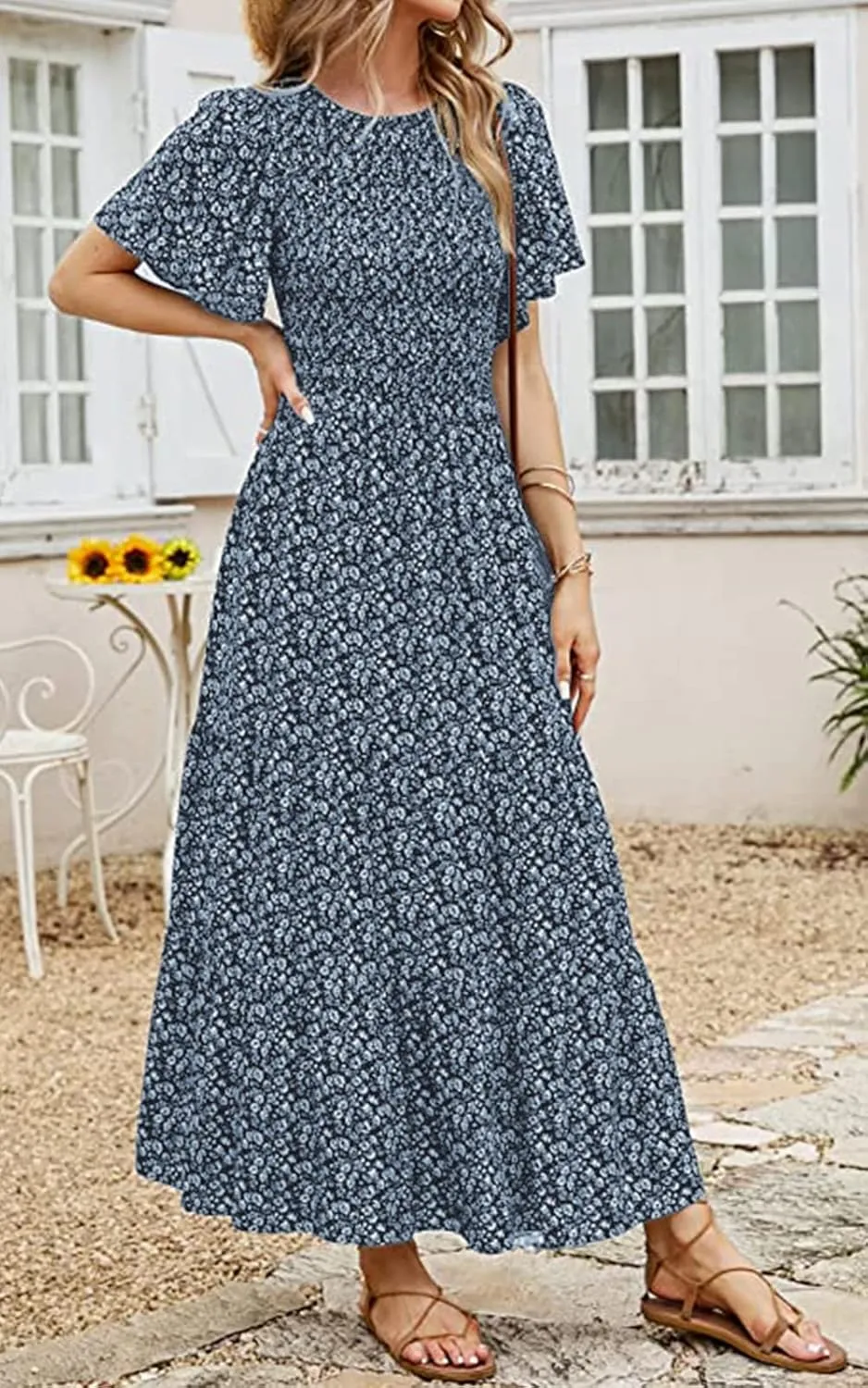 PRETTYGARDEN Women's 2025 Summer Casual Flutter Short Sleeve Boho Floral Maxi Dress Crew Neck Smocked Tiered Long Dresses