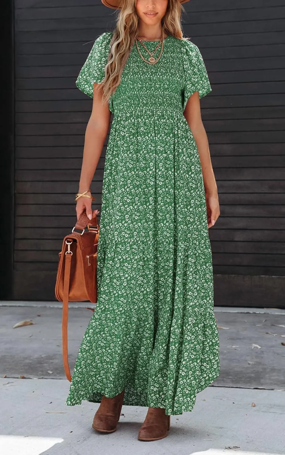 PRETTYGARDEN Women's 2025 Summer Casual Flutter Short Sleeve Boho Floral Maxi Dress Crew Neck Smocked Tiered Long Dresses