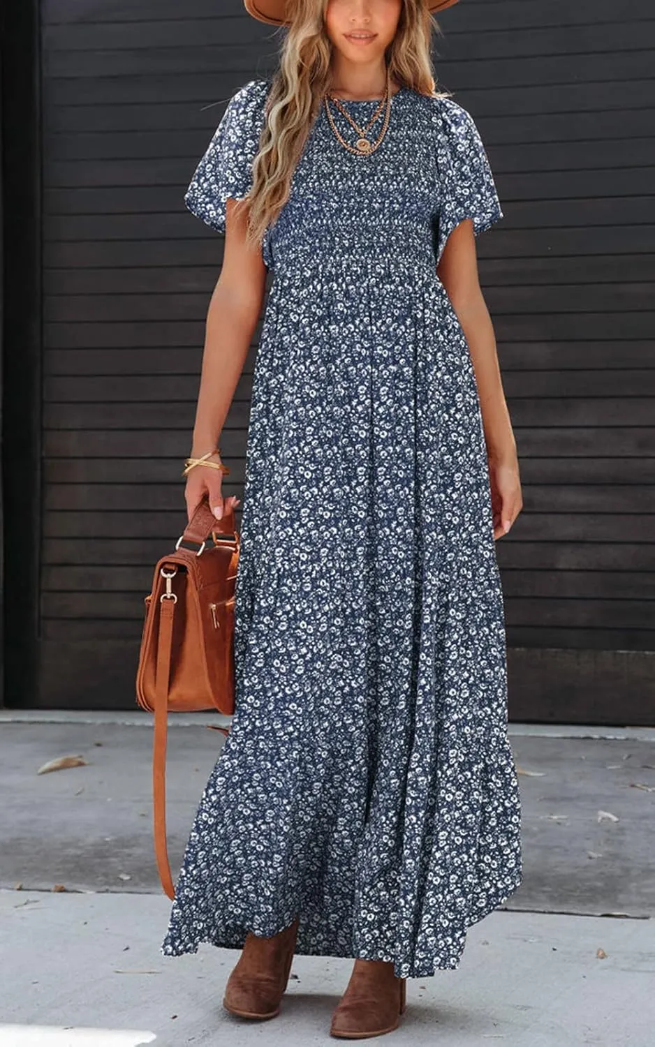 PRETTYGARDEN Women's 2025 Summer Casual Flutter Short Sleeve Boho Floral Maxi Dress Crew Neck Smocked Tiered Long Dresses