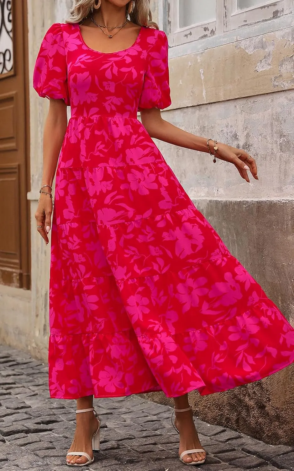 PRETTYGARDEN Womens Dresses 2025 Puff Sleeve Floral Casual Summer Dress Smocked Back Beach Flowy Tiered Maxi Sundress