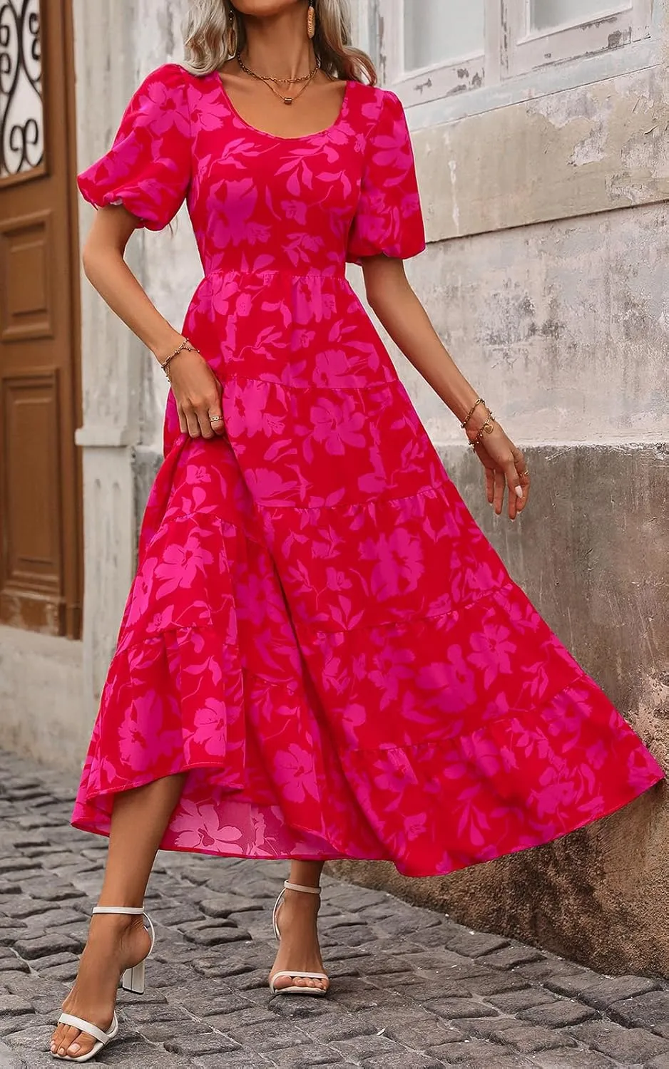 PRETTYGARDEN Womens Dresses 2025 Puff Sleeve Floral Casual Summer Dress Smocked Back Beach Flowy Tiered Maxi Sundress