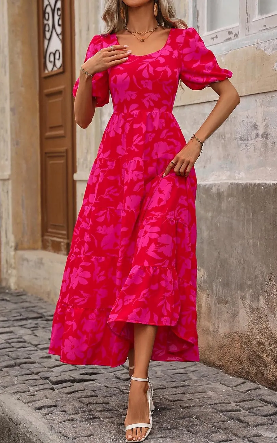 PRETTYGARDEN Womens Dresses 2025 Puff Sleeve Floral Casual Summer Dress Smocked Back Beach Flowy Tiered Maxi Sundress