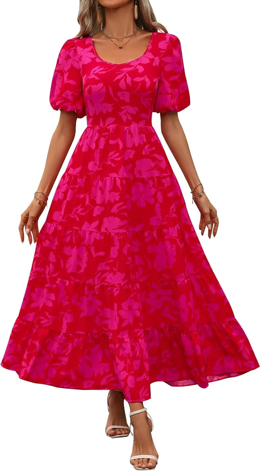 PRETTYGARDEN Womens Dresses 2025 Puff Sleeve Floral Casual Summer Dress Smocked Back Beach Flowy Tiered Maxi Sundress