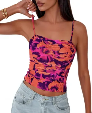 PRETTYGARDEN Womens Floral Spaghetti Strap Tank Tops Square Neck Sleeveless Ruched Mesh Bodycon Sexy Top Y2K Outfits