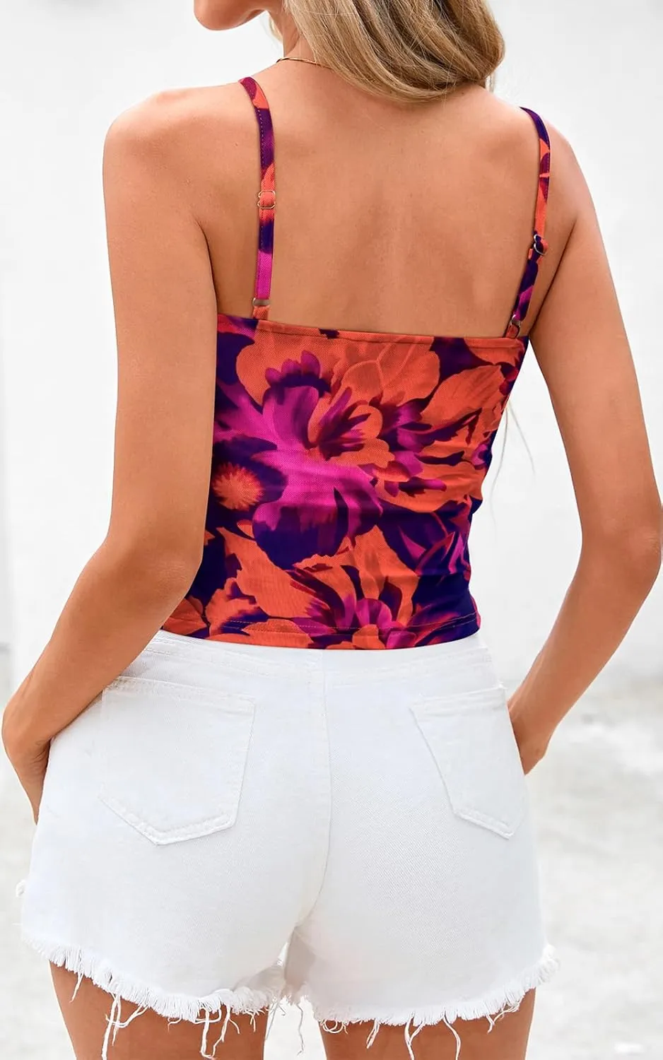 PRETTYGARDEN Womens Floral Spaghetti Strap Tank Tops Square Neck Sleeveless Ruched Mesh Bodycon Sexy Top Y2K Outfits