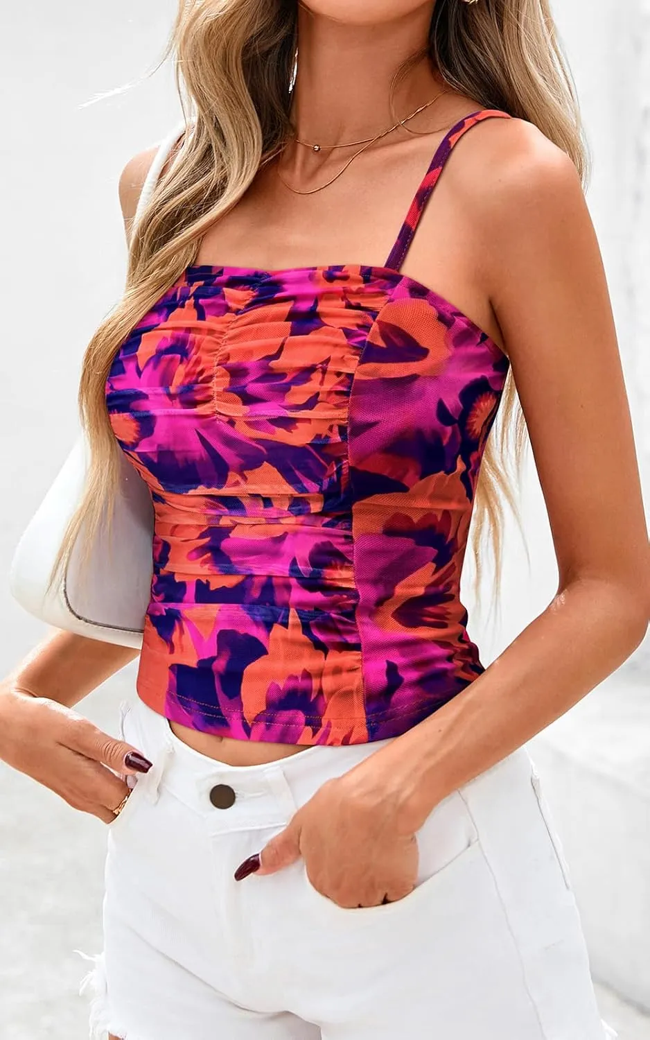 PRETTYGARDEN Womens Floral Spaghetti Strap Tank Tops Square Neck Sleeveless Ruched Mesh Bodycon Sexy Top Y2K Outfits