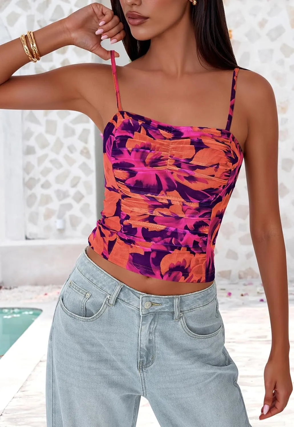 PRETTYGARDEN Womens Floral Spaghetti Strap Tank Tops Square Neck Sleeveless Ruched Mesh Bodycon Sexy Top Y2K Outfits