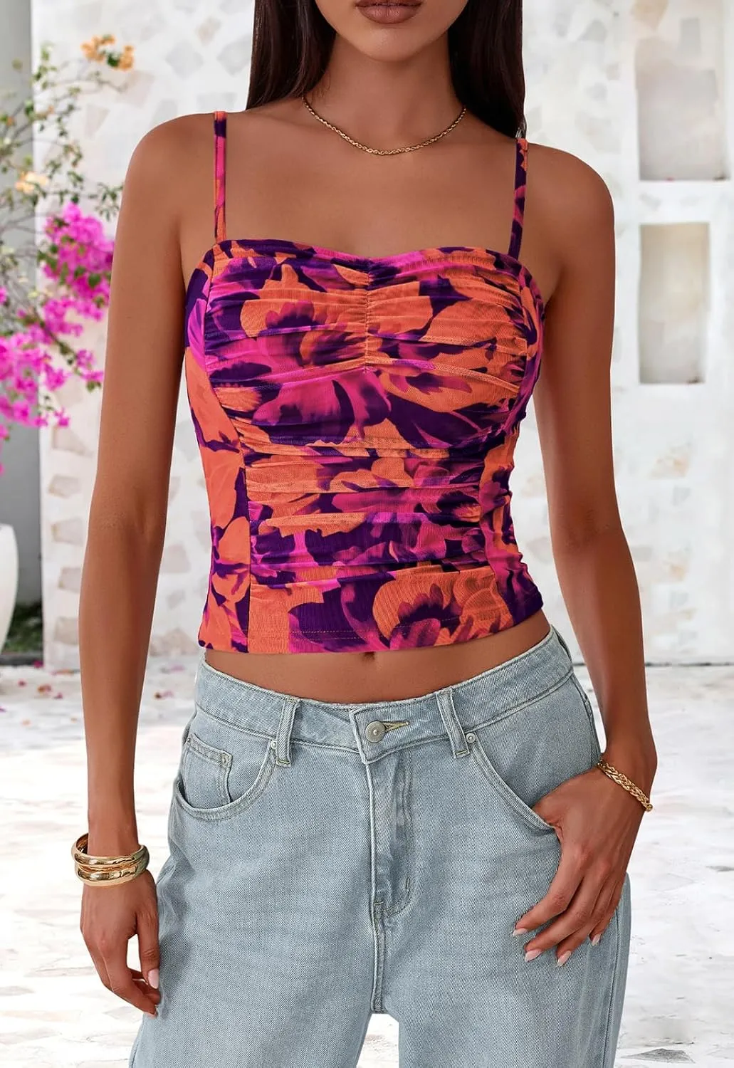 PRETTYGARDEN Womens Floral Spaghetti Strap Tank Tops Square Neck Sleeveless Ruched Mesh Bodycon Sexy Top Y2K Outfits