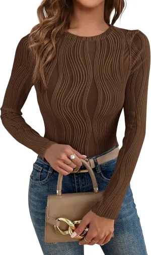 PRETTYGARDEN Women's Tops 2025 Spring Fashion Long Sleeve Crewneck Blouses Slim Fit Shirts Textured Knit Basic T Shirts