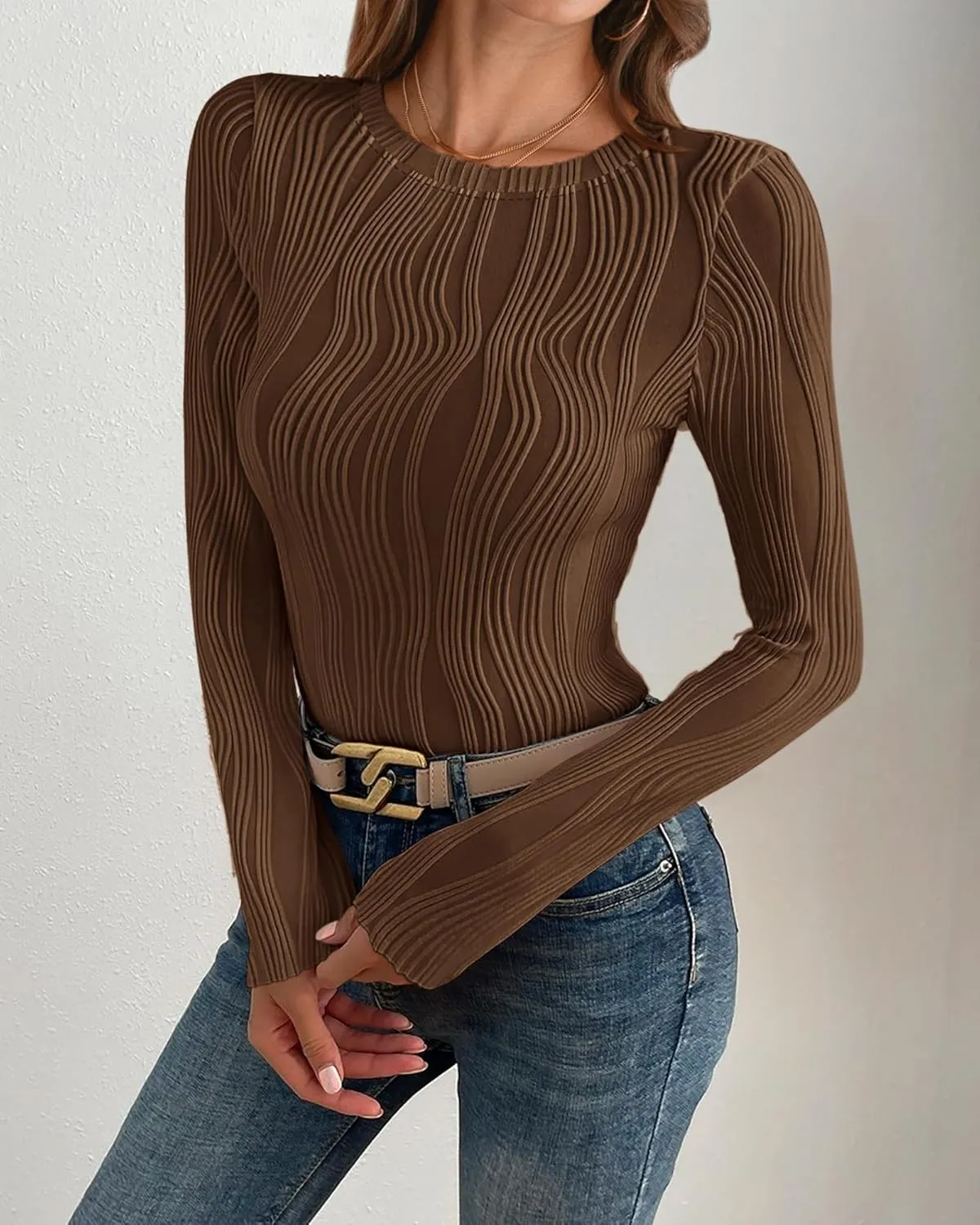 PRETTYGARDEN Women's Tops 2025 Spring Fashion Long Sleeve Crewneck Blouses Slim Fit Shirts Textured Knit Basic T Shirts