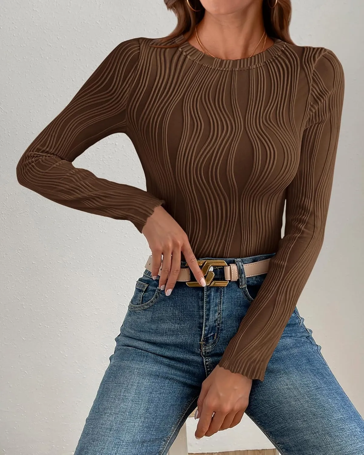 PRETTYGARDEN Women's Tops 2025 Spring Fashion Long Sleeve Crewneck Blouses Slim Fit Shirts Textured Knit Basic T Shirts