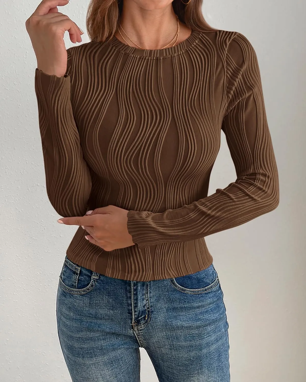 PRETTYGARDEN Women's Tops 2025 Spring Fashion Long Sleeve Crewneck Blouses Slim Fit Shirts Textured Knit Basic T Shirts